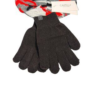 Kids Camouflage Beanie Hat & Gloves Set Red/Gray Black By Capelli New York